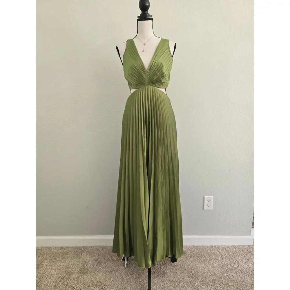Abercrombie & Fitch Green Pleated Maxi Dress Sz S Cutout Open Back Wedding Guest - Picture 3 of 13